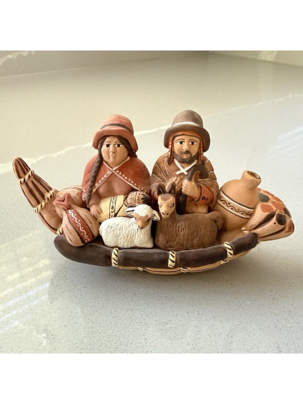 Peruvian Folk Art Pottery Reed Boat Nativity Holy Scene Terracotta Andean